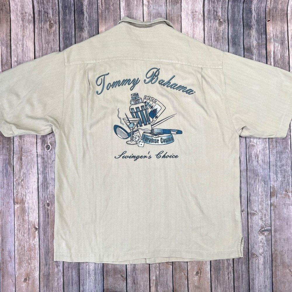 Tommy Bahama Swingers Choice Embroidered Silk Shirt Large Tan Poker Cards Casino